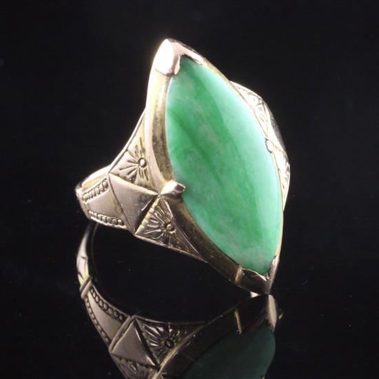 An 18ct gold and jadeite navette shaped ring, size K.
